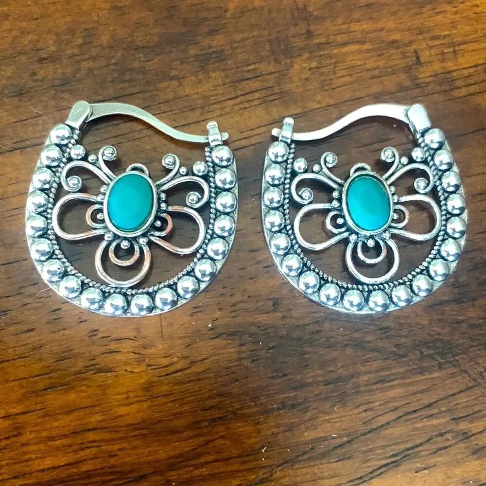 Balinese Style Openwork Hoop Earrings in Silver Tone with Turquoise Accents